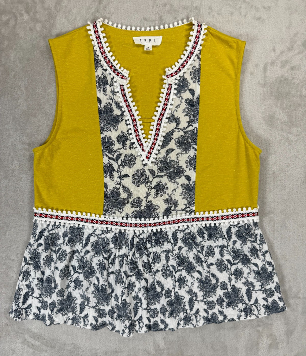 THML Boutique Sleeveless Peplum Blouse Small Mustard Floral Bohemian